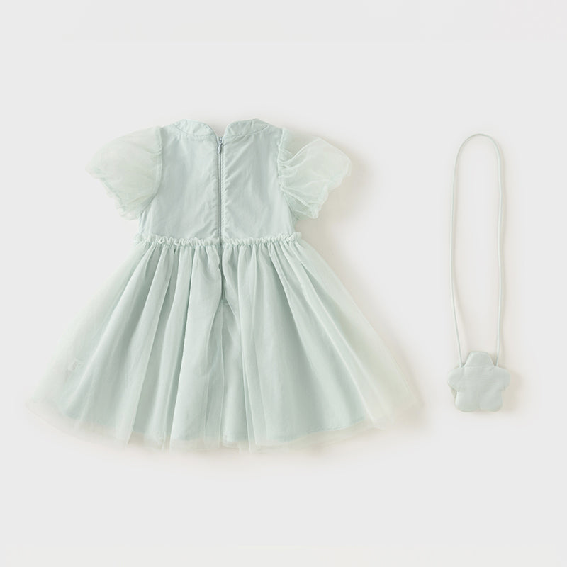 فستان بنات صيفي من التول باللون الرمادي الأزرق بأسلوب صيني عصري (يشمل حقيبة كروس)