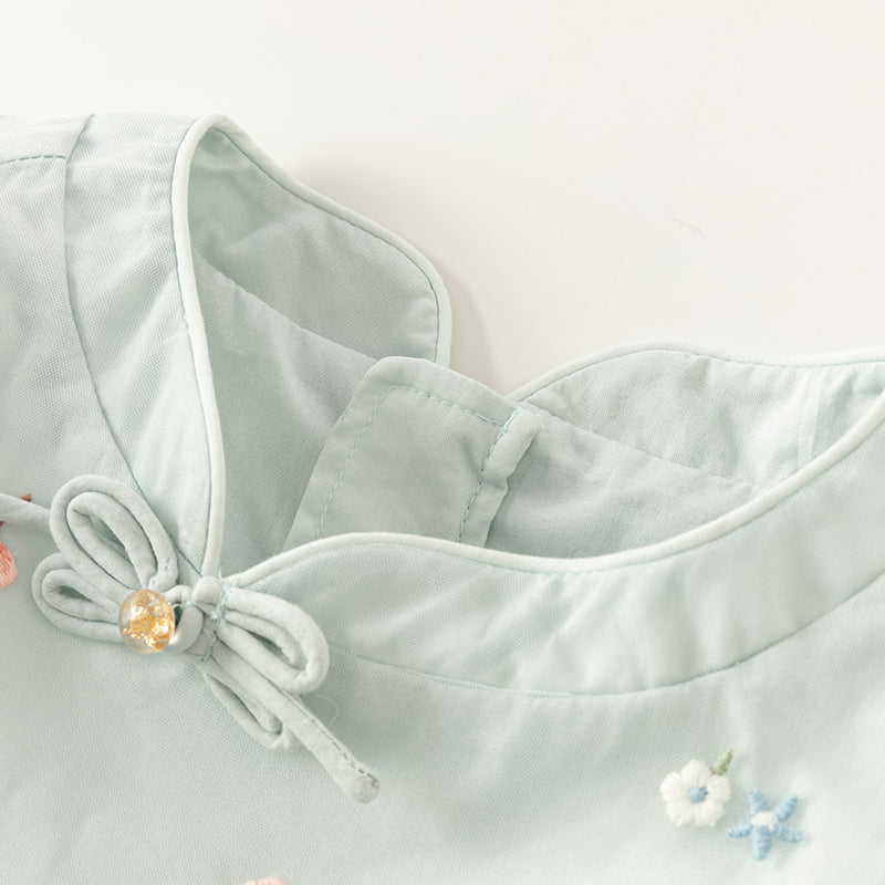 فستان بنات صيفي من التول باللون الرمادي الأزرق بأسلوب صيني عصري (يشمل حقيبة كروس)