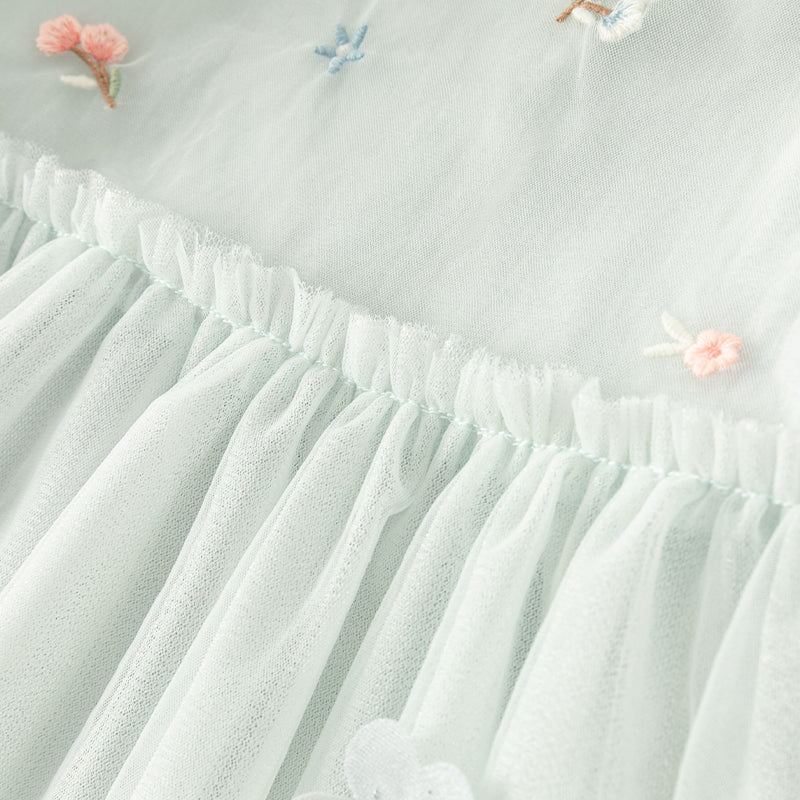 فستان بنات صيفي من التول باللون الرمادي الأزرق بأسلوب صيني عصري (يشمل حقيبة كروس)