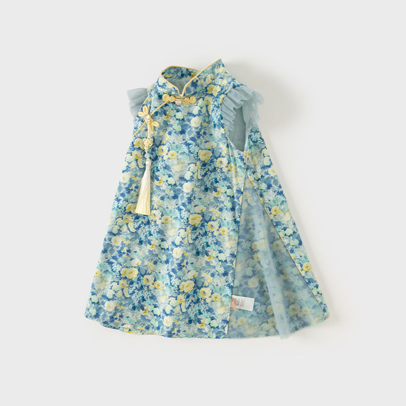 فستان بنات صيفي بطبعة زهرية من التول، أسلوب صيني عصري (يشمل زينة تدلي من الخيوط الصينية)