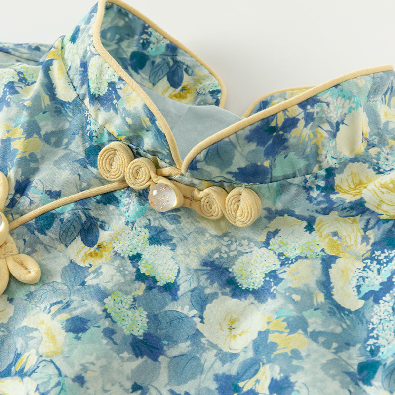 فستان بنات صيفي بطبعة زهرية من التول، أسلوب صيني عصري (يشمل زينة تدلي من الخيوط الصينية)