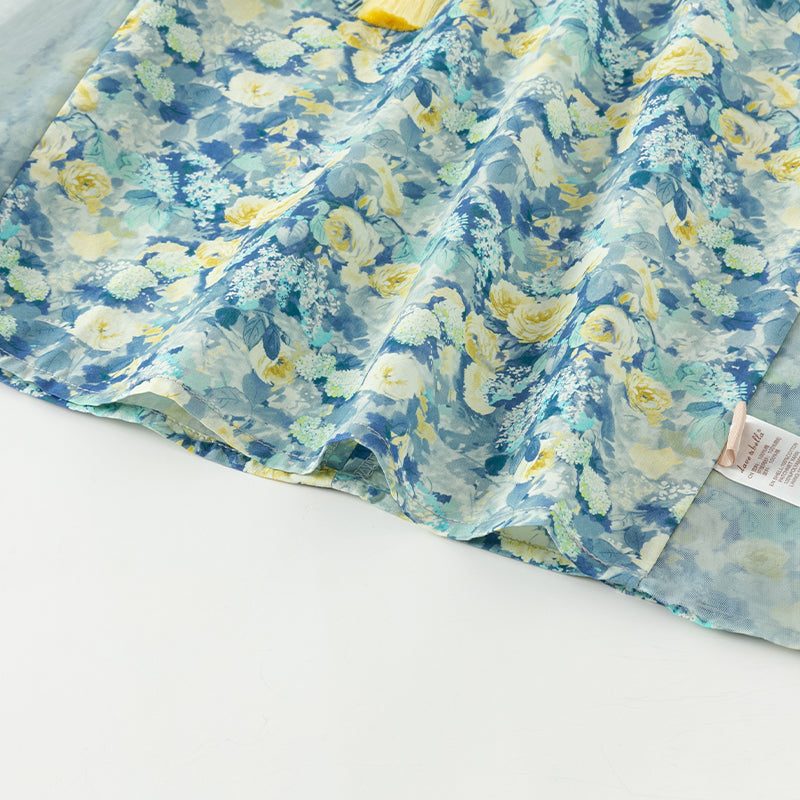 فستان بنات صيفي بطبعة زهرية من التول، أسلوب صيني عصري (يشمل زينة تدلي من الخيوط الصينية)