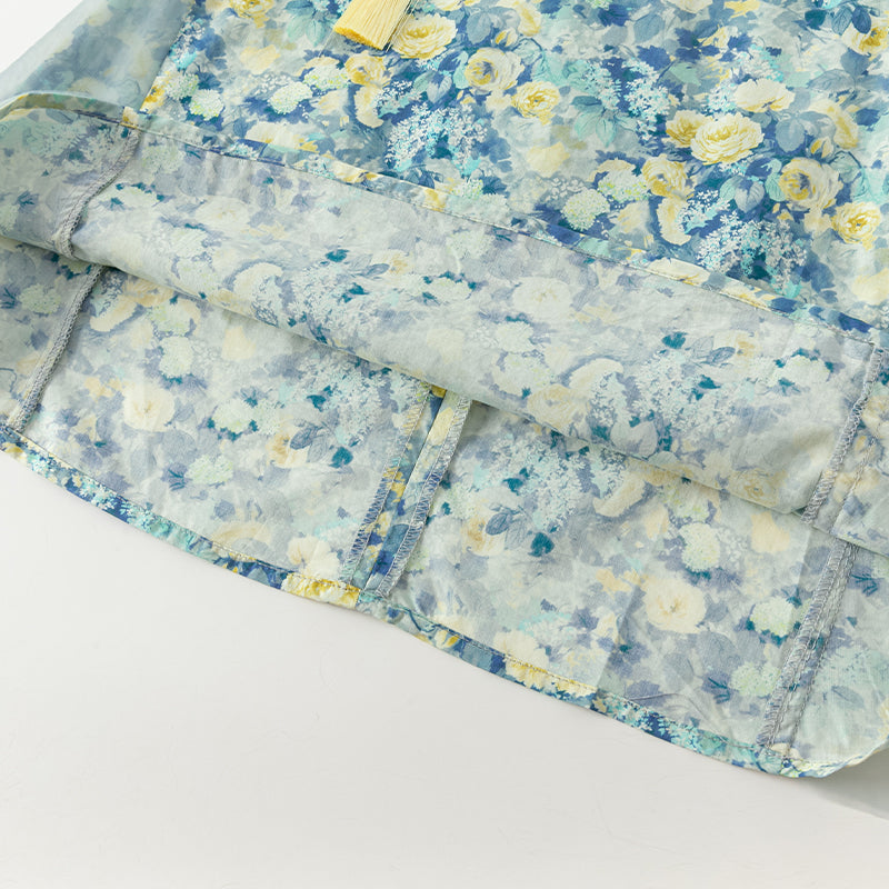 فستان بنات صيفي بطبعة زهرية من التول، أسلوب صيني عصري (يشمل زينة تدلي من الخيوط الصينية)