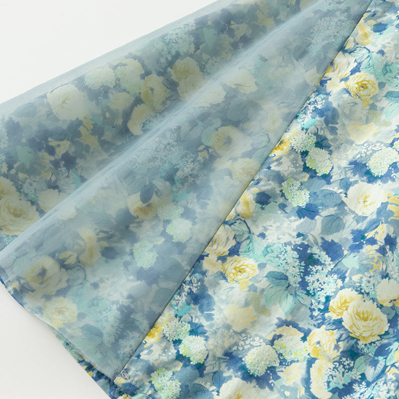 فستان بنات صيفي بطبعة زهرية من التول، أسلوب صيني عصري (يشمل زينة تدلي من الخيوط الصينية)