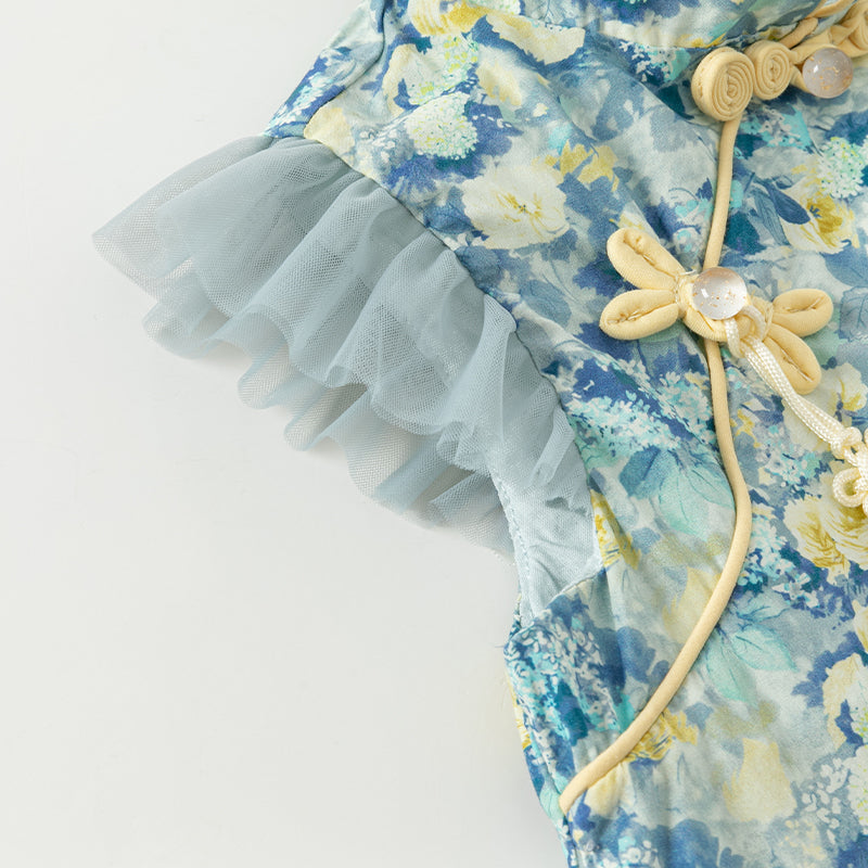 فستان بنات صيفي بطبعة زهرية من التول، أسلوب صيني عصري (يشمل زينة تدلي من الخيوط الصينية)