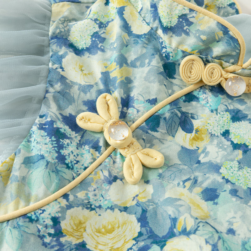 فستان بنات صيفي بطبعة زهرية من التول، أسلوب صيني عصري (يشمل زينة تدلي من الخيوط الصينية)