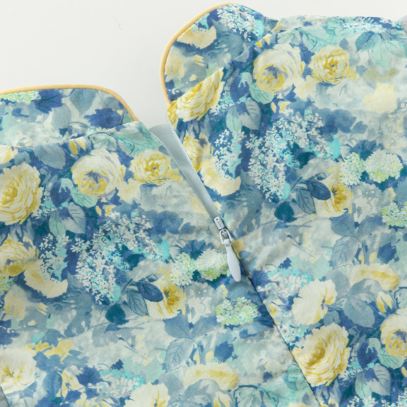 فستان بنات صيفي بطبعة زهرية من التول، أسلوب صيني عصري (يشمل زينة تدلي من الخيوط الصينية)