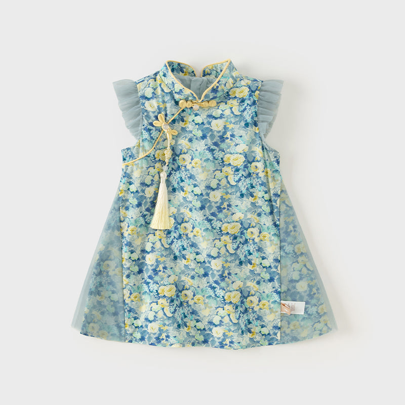 فستان بنات صيفي بطبعة زهرية من التول، أسلوب صيني عصري (يشمل زينة تدلي من الخيوط الصينية)