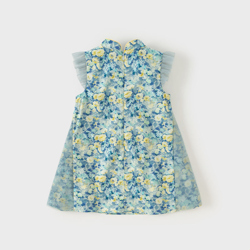 فستان بنات صيفي بطبعة زهرية من التول، أسلوب صيني عصري (يشمل زينة تدلي من الخيوط الصينية)