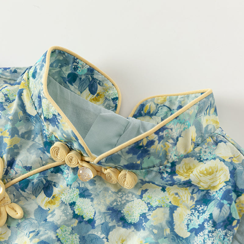 فستان بنات صيفي بطبعة زهرية من التول، أسلوب صيني عصري (يشمل زينة تدلي من الخيوط الصينية)