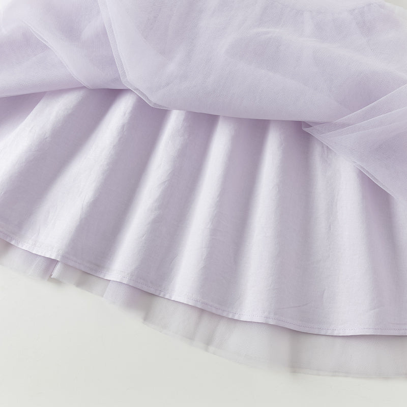 فستان بنات صيفي باللون البنفسجي من قماش محبوك مع تنورة تول، بأسلوب غير رسمي