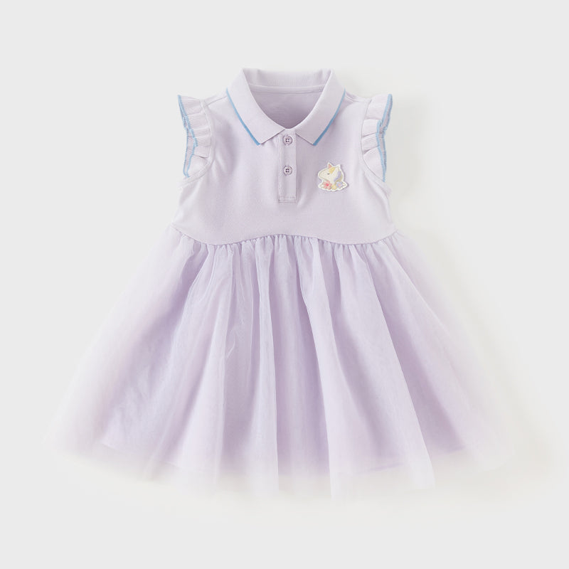 فستان بنات صيفي باللون البنفسجي من قماش محبوك مع تنورة تول، بأسلوب غير رسمي