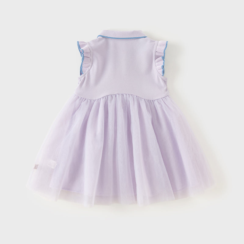 فستان بنات صيفي باللون البنفسجي من قماش محبوك مع تنورة تول، بأسلوب غير رسمي