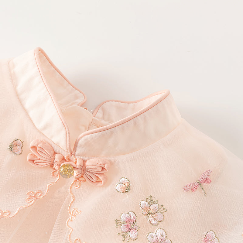 فستان شبكي وردي فاتح لحمي صيفي للفتيات مع تطريز ووشاح كتف زخرفي (يشمل حقيبة كروس)