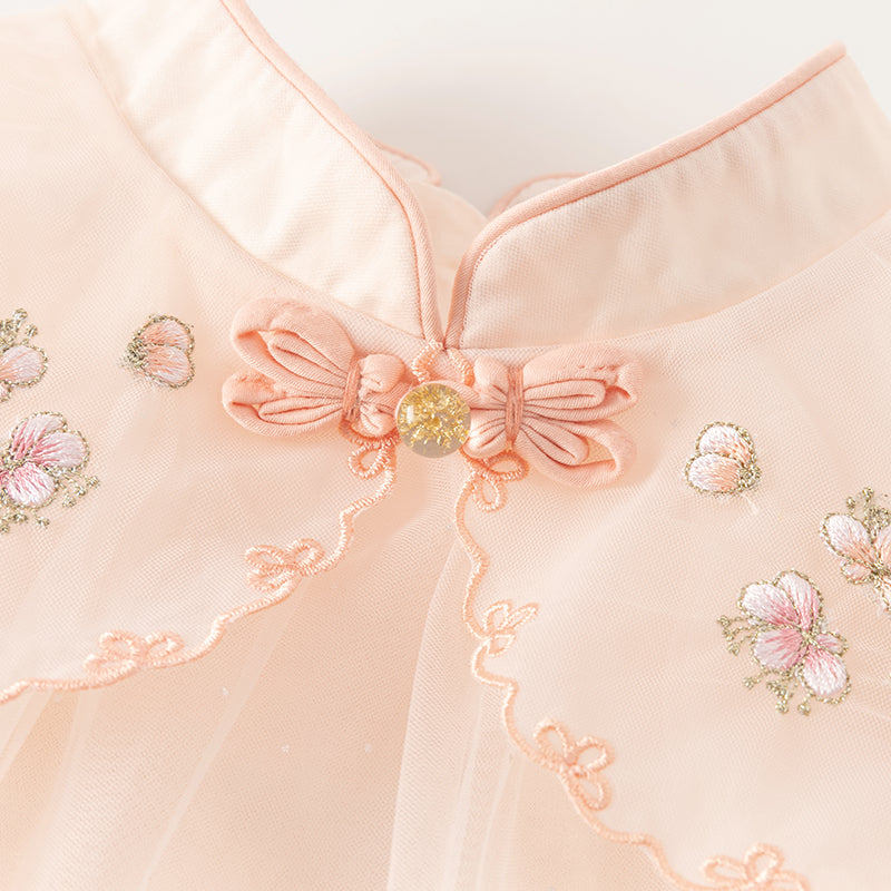 فستان شبكي وردي فاتح لحمي صيفي للفتيات مع تطريز ووشاح كتف زخرفي (يشمل حقيبة كروس)