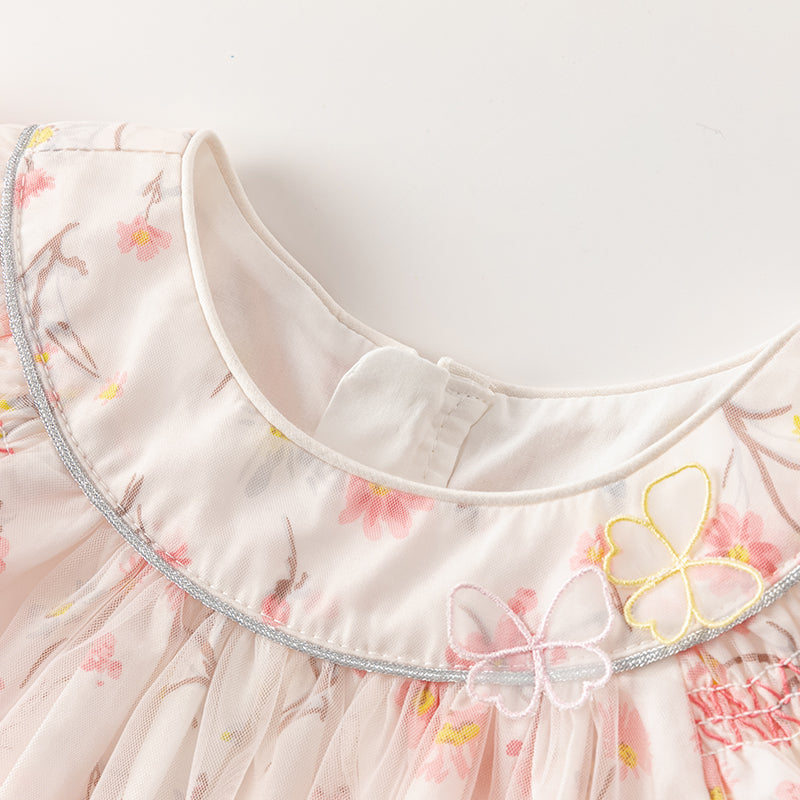 فستان بنات صيفي بطبعة زهرية من التول، أسلوب يومي(يشمل حقيبة كروس)