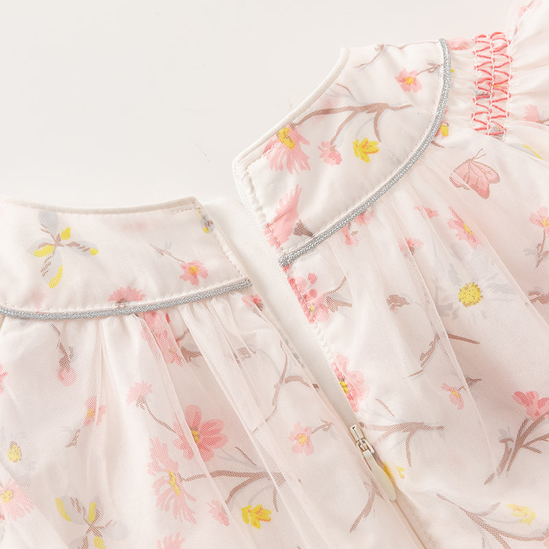 فستان بنات صيفي بطبعة زهرية من التول، أسلوب يومي(يشمل حقيبة كروس)