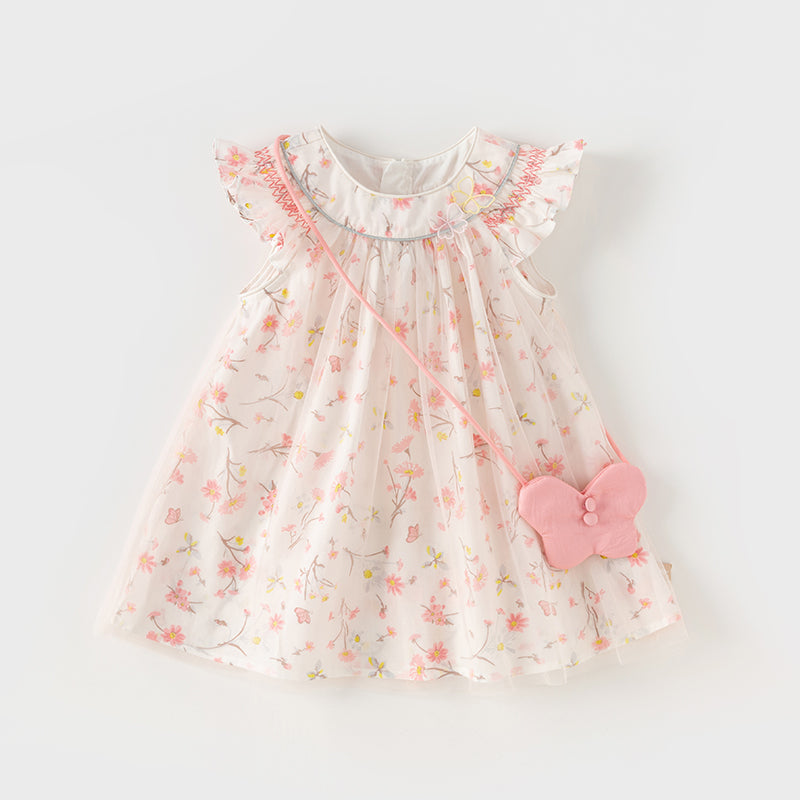 فستان بنات صيفي بطبعة زهرية من التول، أسلوب يومي(يشمل حقيبة كروس)