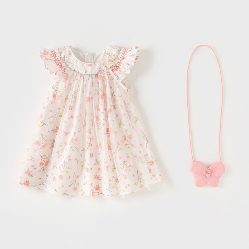 فستان بنات صيفي بطبعة زهرية من التول، أسلوب يومي(يشمل حقيبة كروس)