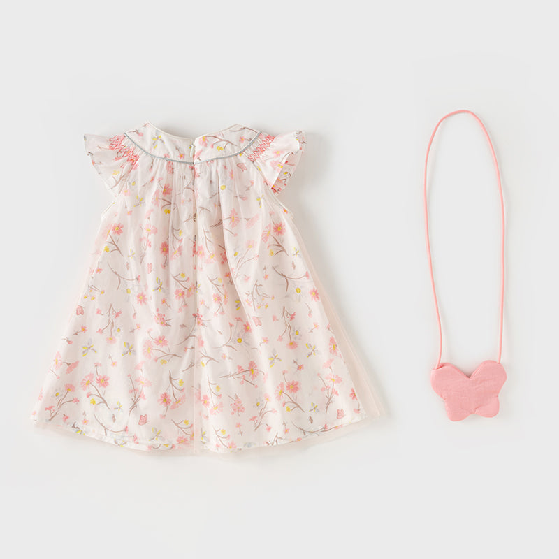 فستان بنات صيفي بطبعة زهرية من التول، أسلوب يومي(يشمل حقيبة كروس)