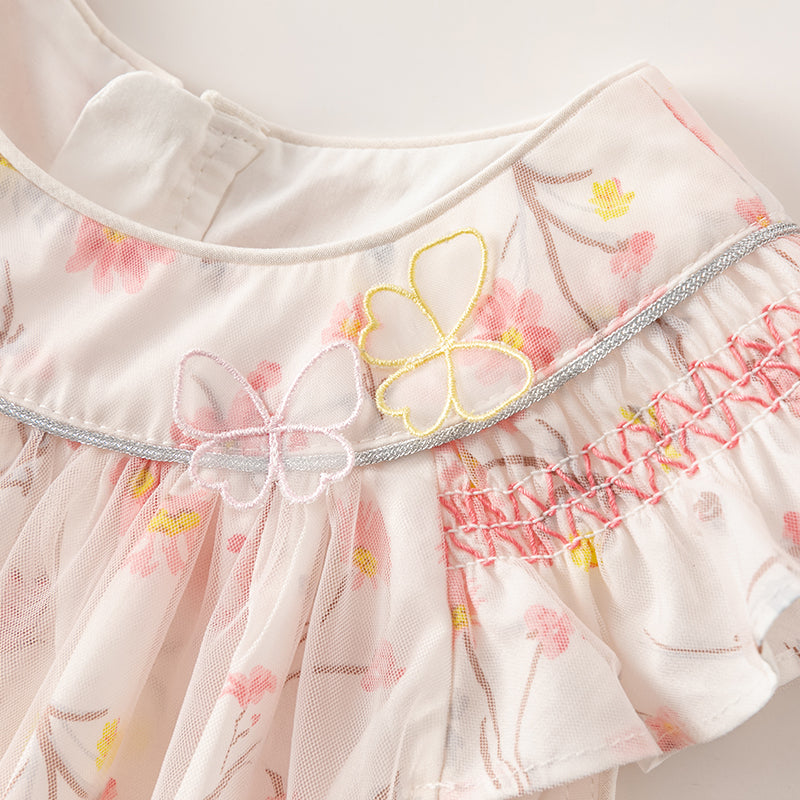 فستان بنات صيفي بطبعة زهرية من التول، أسلوب يومي(يشمل حقيبة كروس)