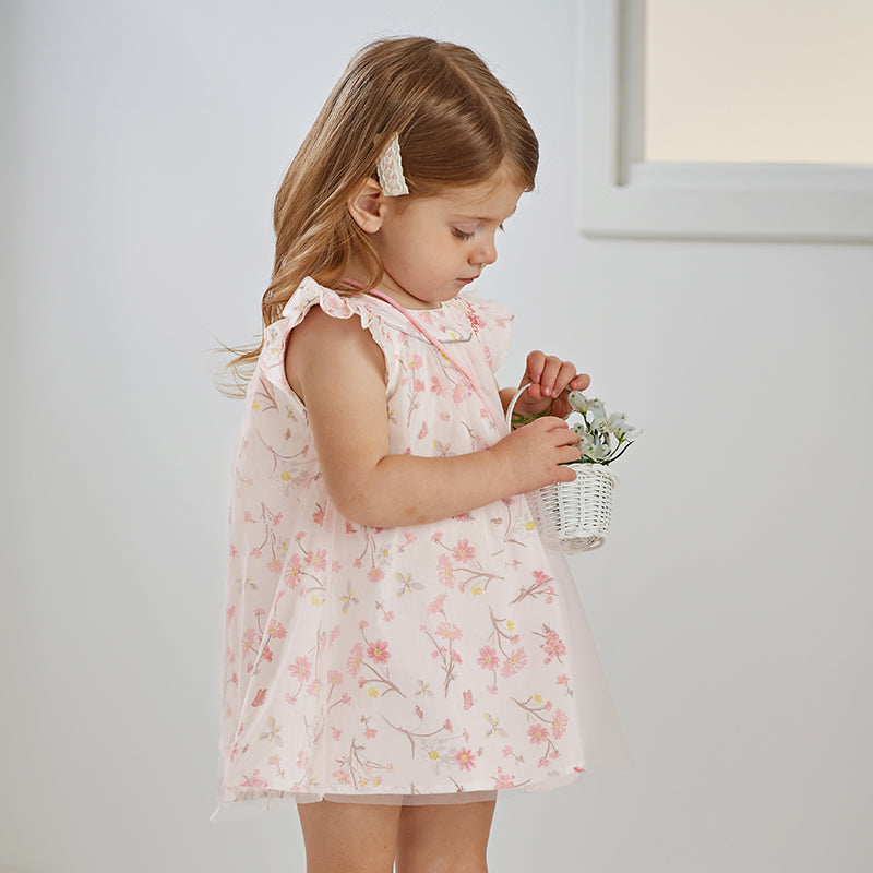 فستان بنات صيفي بطبعة زهرية من التول، أسلوب يومي(يشمل حقيبة كروس)