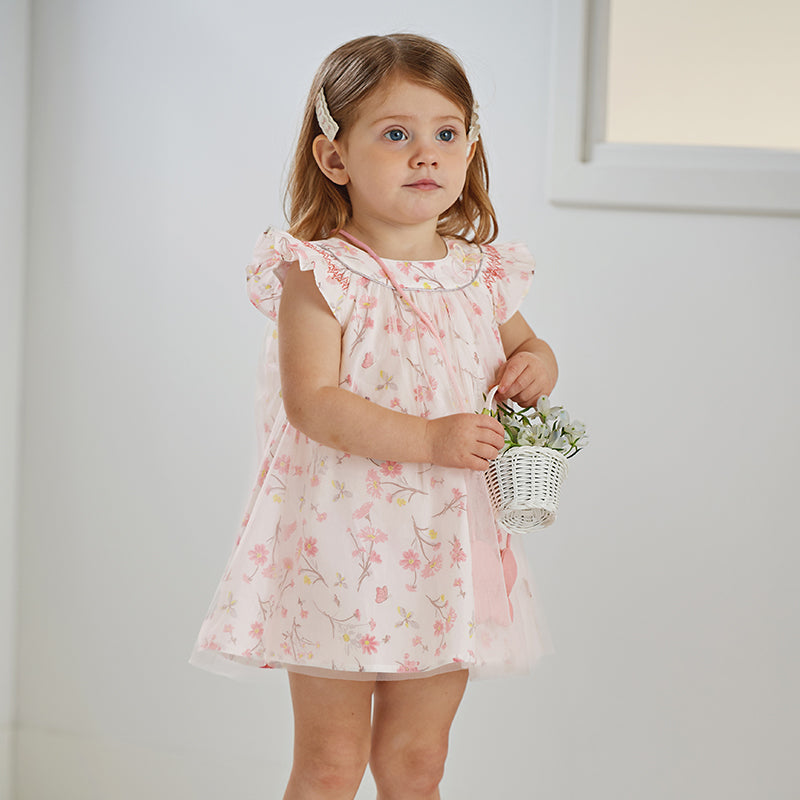 فستان بنات صيفي بطبعة زهرية من التول، أسلوب يومي(يشمل حقيبة كروس)