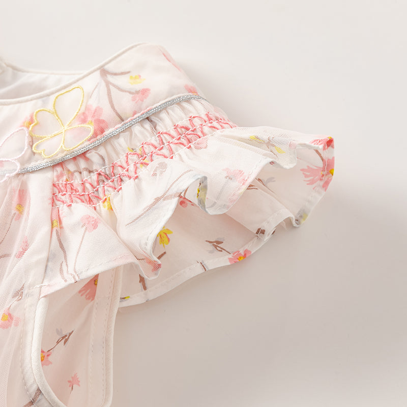 فستان بنات صيفي بطبعة زهرية من التول، أسلوب يومي(يشمل حقيبة كروس)