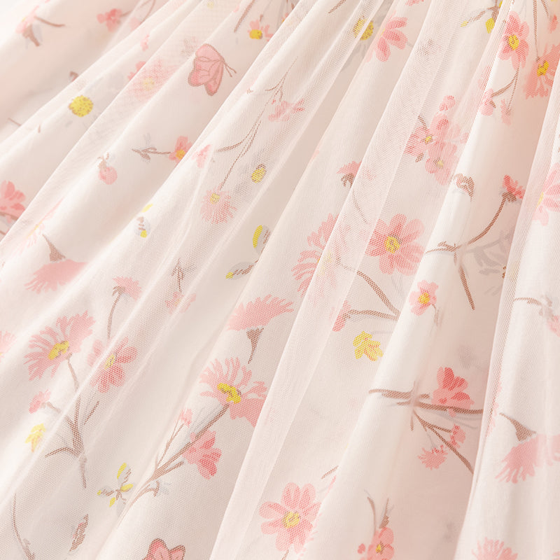 فستان بنات صيفي بطبعة زهرية من التول، أسلوب يومي(يشمل حقيبة كروس)