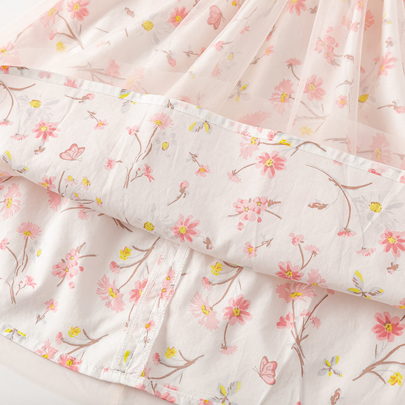 فستان بنات صيفي بطبعة زهرية من التول، أسلوب يومي(يشمل حقيبة كروس)