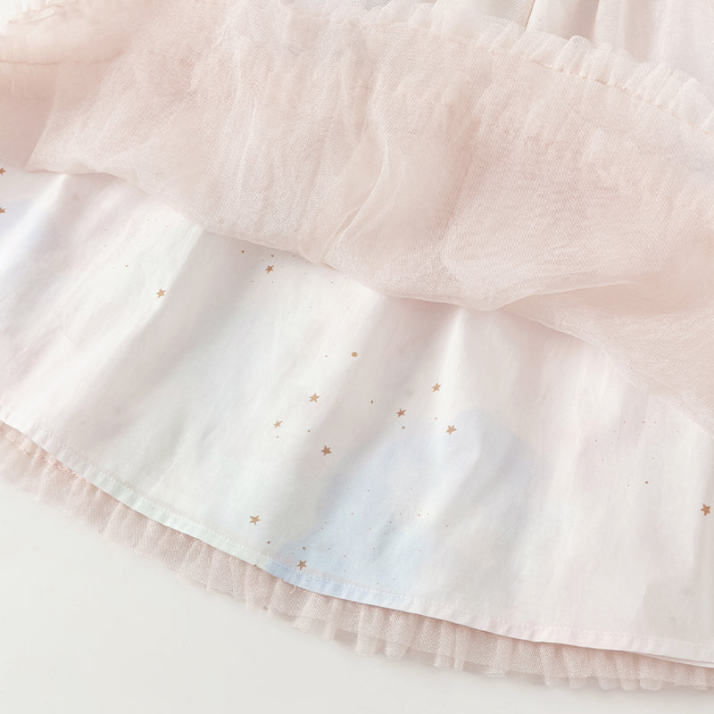 فستان صيفي للبنات الصغيرات من التول الوردي مزين بنجوم من الترتر