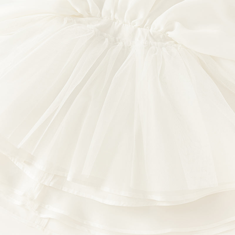 فستان صيفي فاخر للبنات الصغيرات من التول الأبيض بدون أكمام