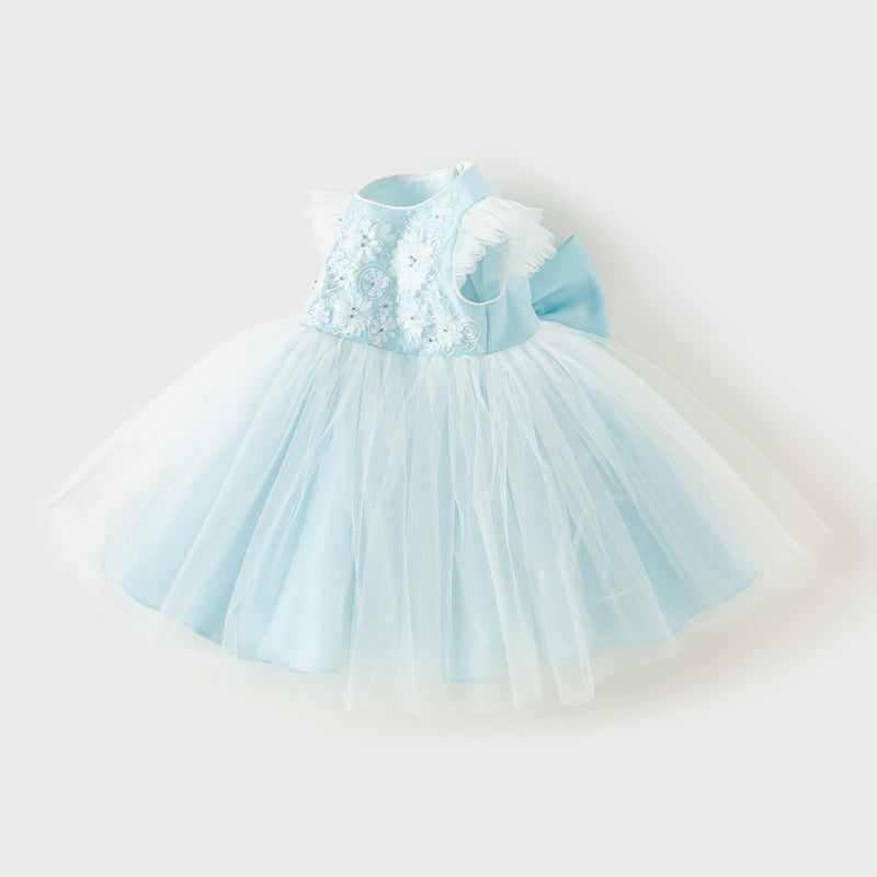 فستان صيفي للبنات الصغيرات بدون أكمام من التول الأزرق مزين بعقدة قابلة للإزالة بتصميم أنيق