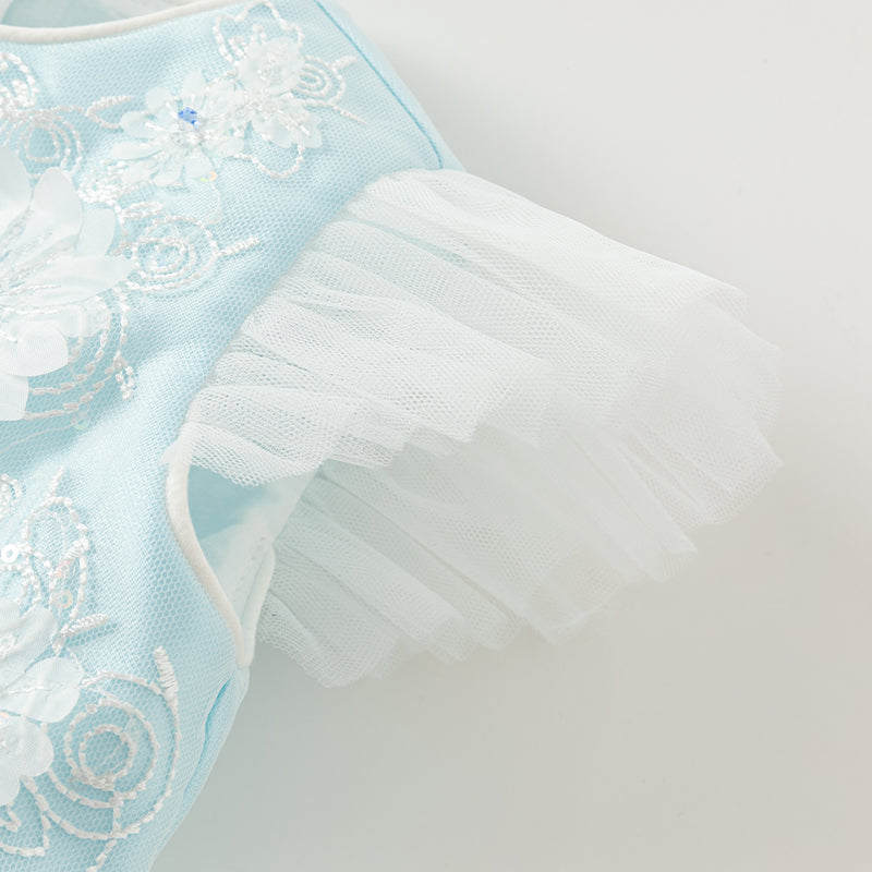 فستان صيفي للبنات الصغيرات بدون أكمام من التول الأزرق مزين بعقدة قابلة للإزالة بتصميم أنيق