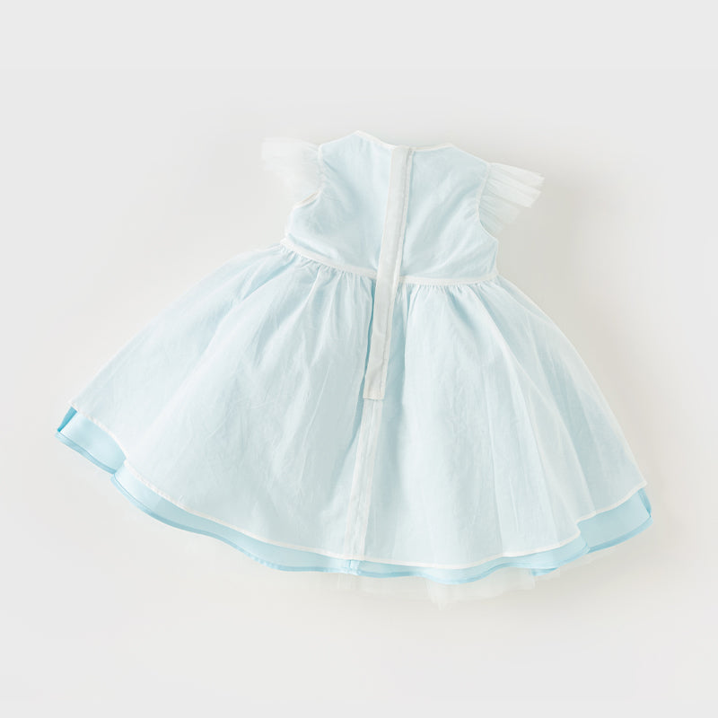 فستان صيفي للبنات الصغيرات بدون أكمام من التول الأزرق مزين بعقدة قابلة للإزالة بتصميم أنيق
