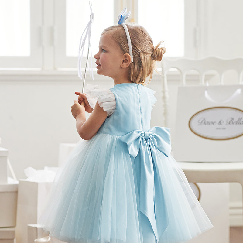 فستان صيفي للبنات الصغيرات بدون أكمام من التول الأزرق مزين بعقدة قابلة للإزالة بتصميم أنيق