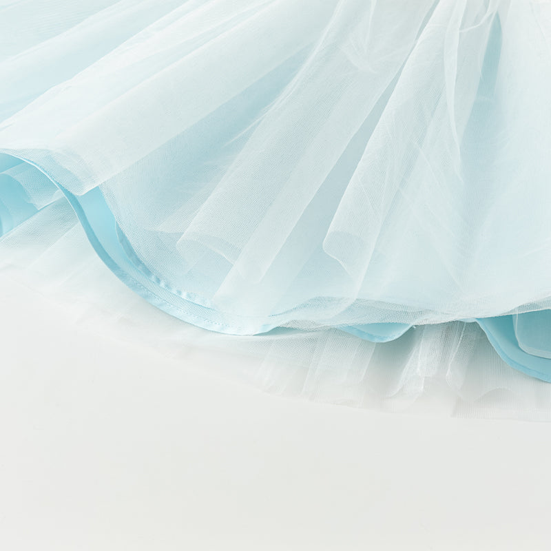 فستان صيفي للبنات الصغيرات بدون أكمام من التول الأزرق مزين بعقدة قابلة للإزالة بتصميم أنيق