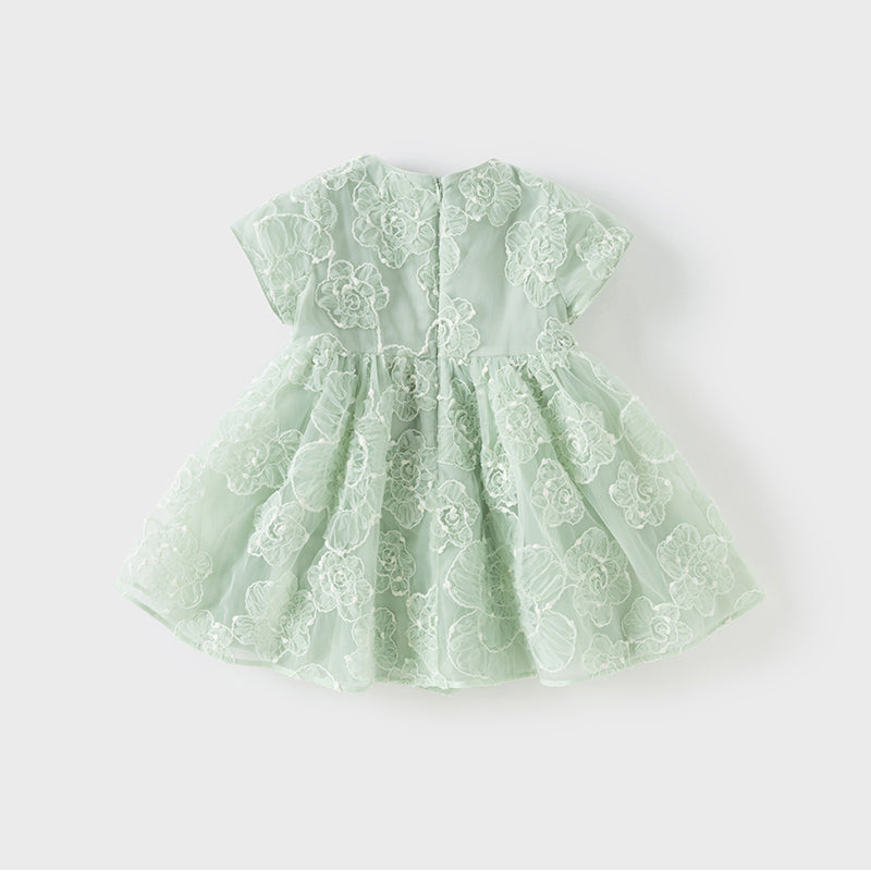 فستان صيفي للبنات الصغيرات من التول باللون الأخضر مزين بتطريز دانتيل زهور