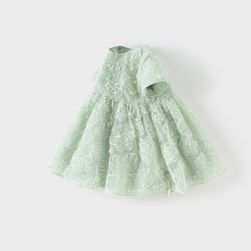 فستان صيفي للبنات الصغيرات من التول باللون الأخضر مزين بتطريز دانتيل زهور