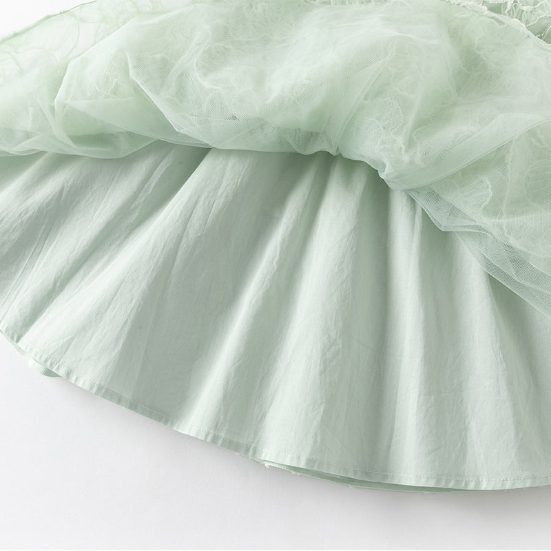 فستان صيفي للبنات الصغيرات من التول باللون الأخضر مزين بتطريز دانتيل زهور