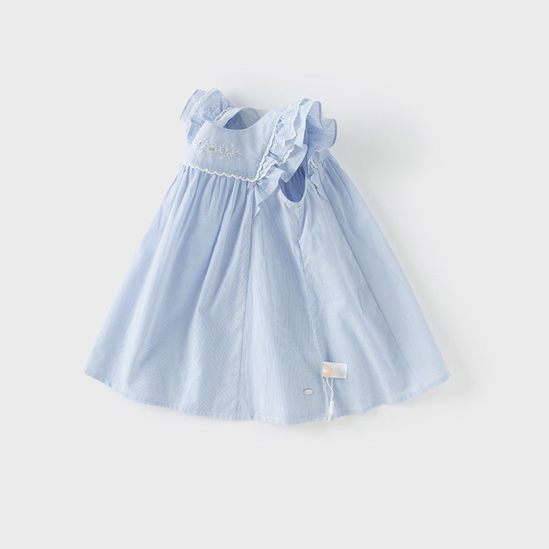 فستان بنات صيفي من القطن باللون الأزرق الفاتح مع خطوط مخططة بأسلوب عطلة