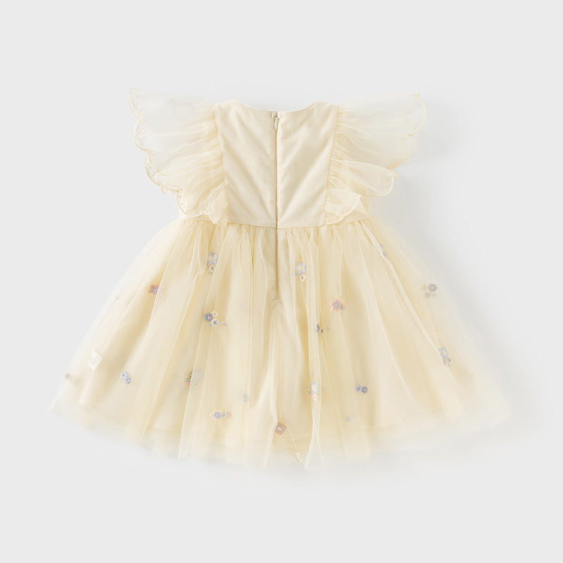 فساتين أميرات صيفية مطرزة باللون الأصفر للبنات الصغيرات