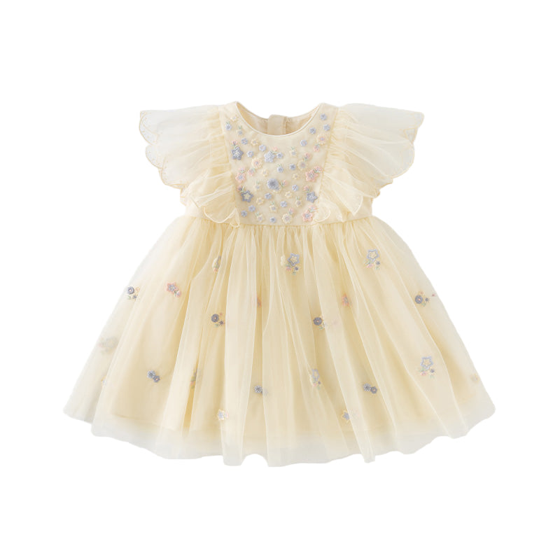 فساتين أميرات صيفية مطرزة باللون الأصفر للبنات الصغيرات
