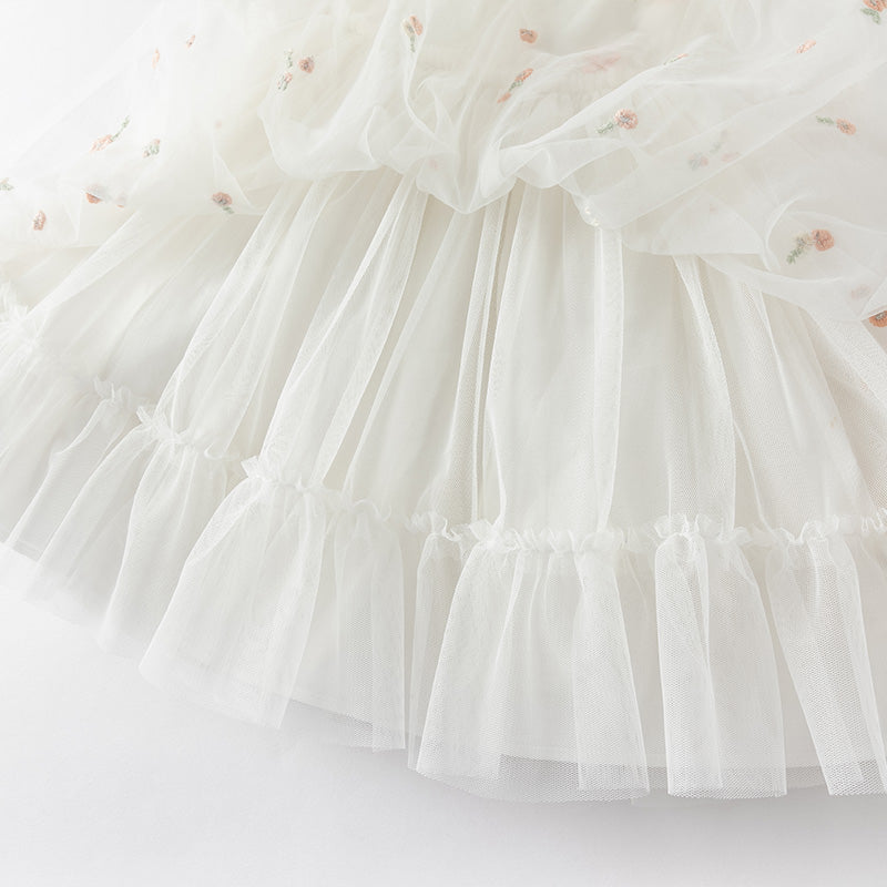 فستان شبكي مزخرف بتطريز الزهور للبنات لصيف باللون الأبيض