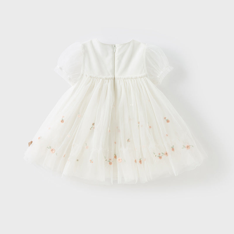 فستان شبكي مزخرف بتطريز الزهور للبنات لصيف باللون الأبيض