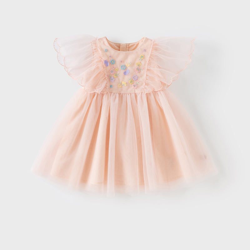 فستان بنات صيفي من التول باللون الوردي الرمادي بأكمام خفاشية صغيرة تصميم أميري