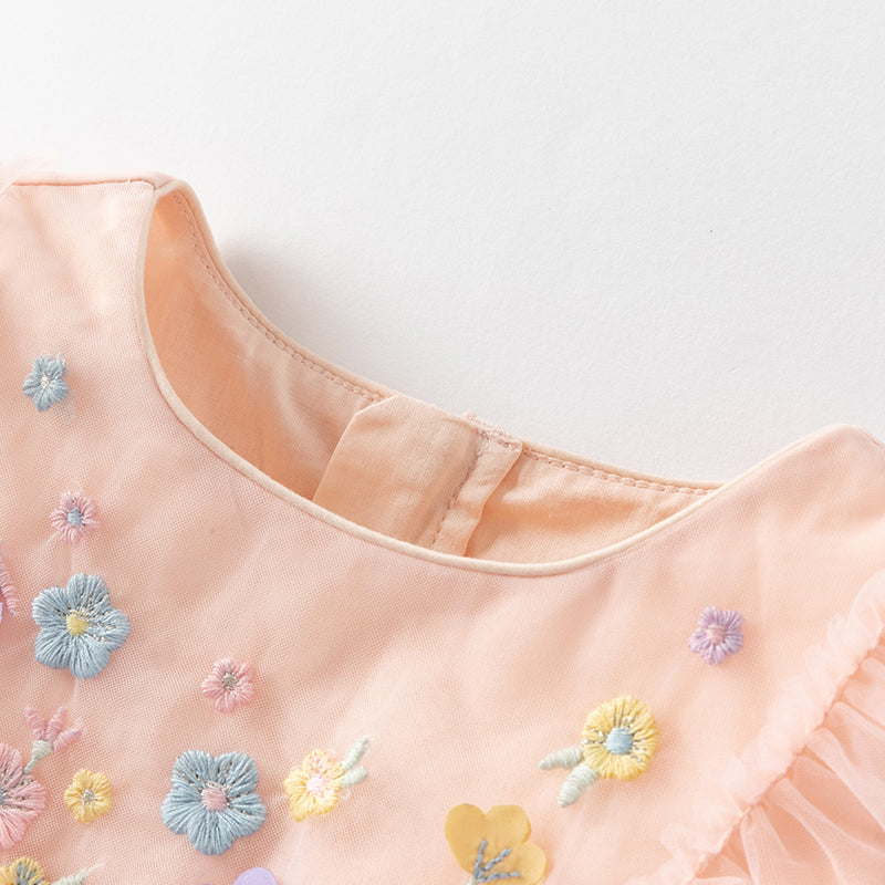 فستان بنات صيفي من التول باللون الوردي الرمادي بأكمام خفاشية صغيرة تصميم أميري