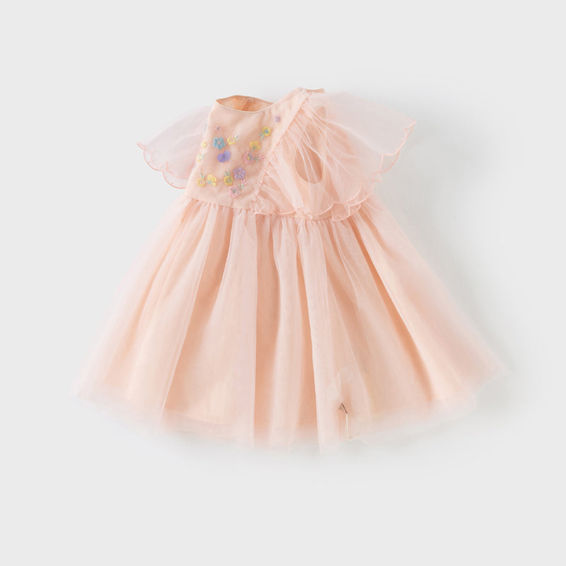 فستان بنات صيفي من التول باللون الوردي الرمادي بأكمام خفاشية صغيرة تصميم أميري