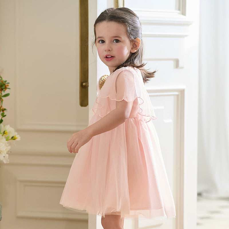 فستان بنات صيفي من التول باللون الوردي الرمادي بأكمام خفاشية صغيرة تصميم أميري