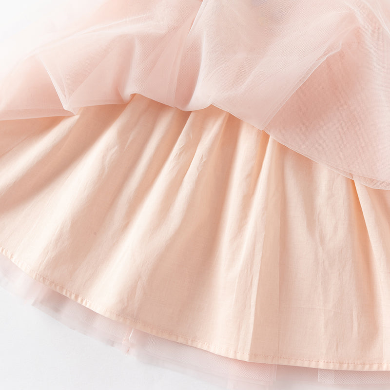 فستان بنات صيفي من التول باللون الوردي الرمادي بأكمام خفاشية صغيرة تصميم أميري